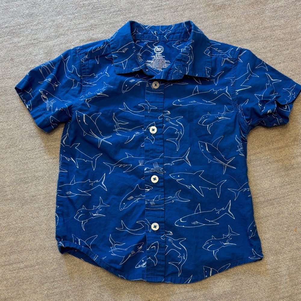 Wonder Nation Navy Shark Pattern Button Down Shirt short sleeves